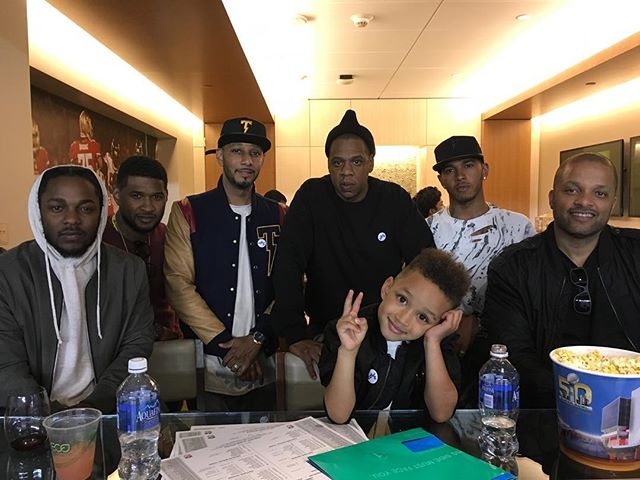 Jay Z, Swizz Beatz, Alicia Keys, Kendrick Lamar, Usher Pictured At The Super Bowl